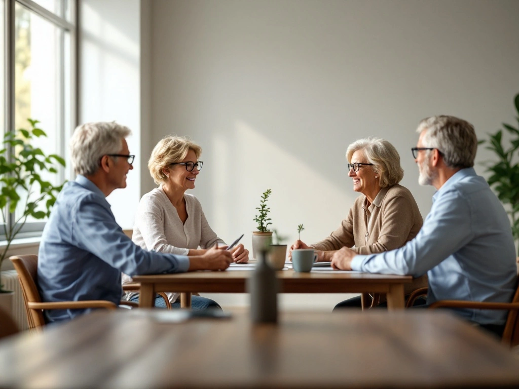 couple-meeting-with-insurance professionals late middle aged couple meeting with insurance professionals
